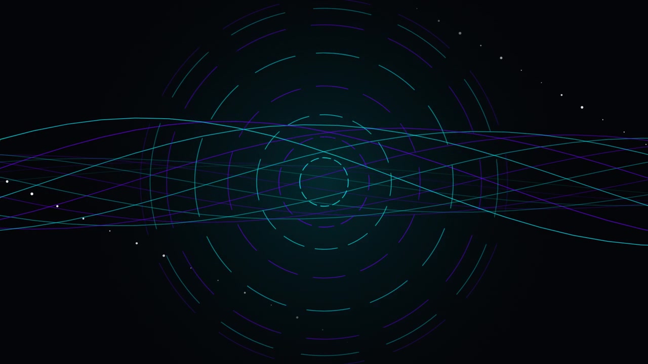 Sfondo digitale astratto con onde circolari pulsanti e particelle di luce