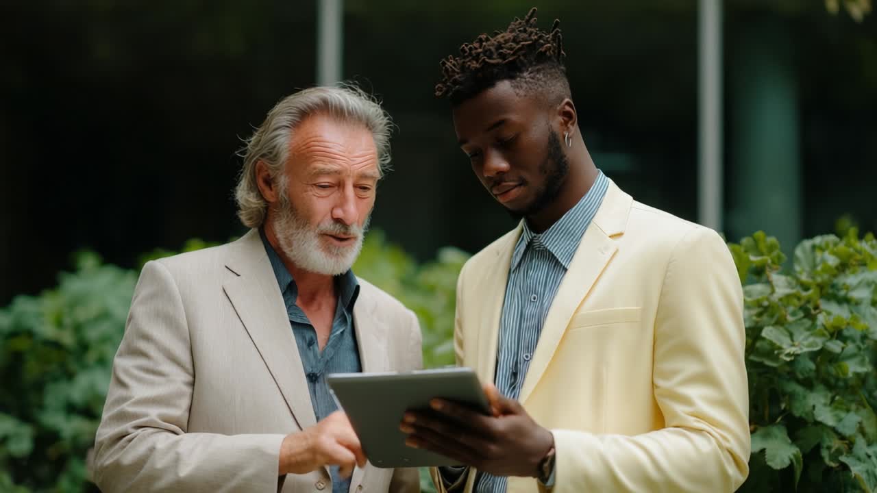 Two men looking at a tablet