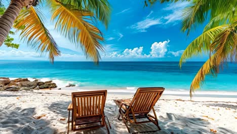 two wooden chairs sitting on a sandy beach next to the ocean