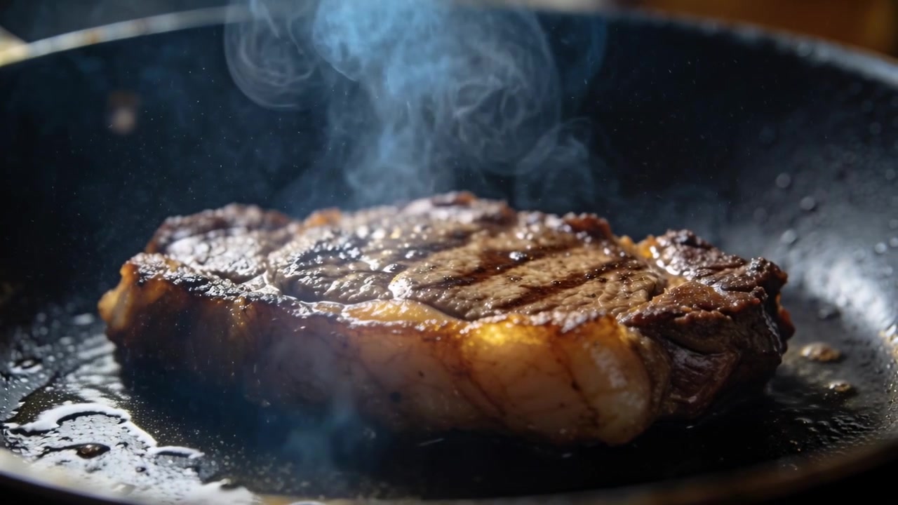 Searing thick steak releasing smoke on hot cast-iron pan, rendering fat and bubbling juices