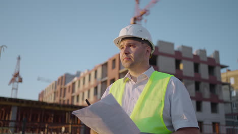 foreman in helmet and vest talking on walkie-talkie with builders standing at construction site tracking shot. building expert engineers speaking using a radio with some builders  amazing sunlight.