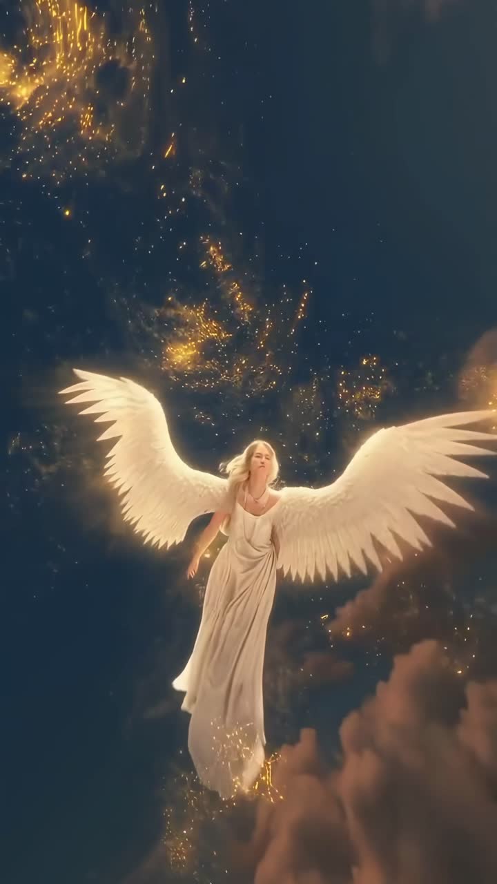Aerial view of an angelic figure soaring towards radiant clouds, evoking a cinematic video style