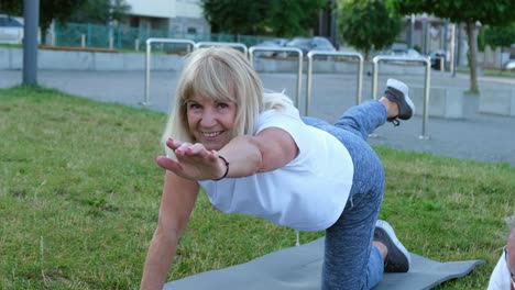 senior elderly woman doing fitness in the summer park in the morning pensioners healthy lifestyle senior elderly woman doing fitness in the summer park in the morning pensioners who lead a healthy lifestyle