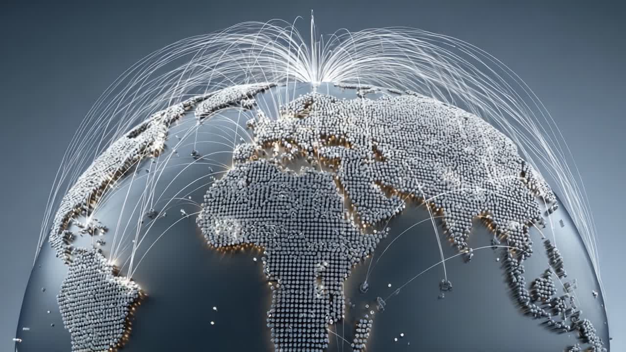 Visual Representation of Global Connectivity Exhibiting Interconnected Networks Over a 3D Model of Earth Indicating Data Transfer and Communication Flow