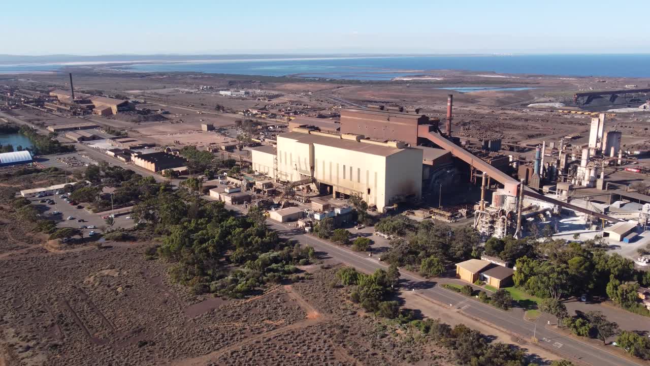 Drone shot of the Whyalla Steelworks. This industrial premises is owned by GFG Alliance and processes iron ore mined at Iron Knob, and turns it into Steel. It is shipped from Spencer Gulf.