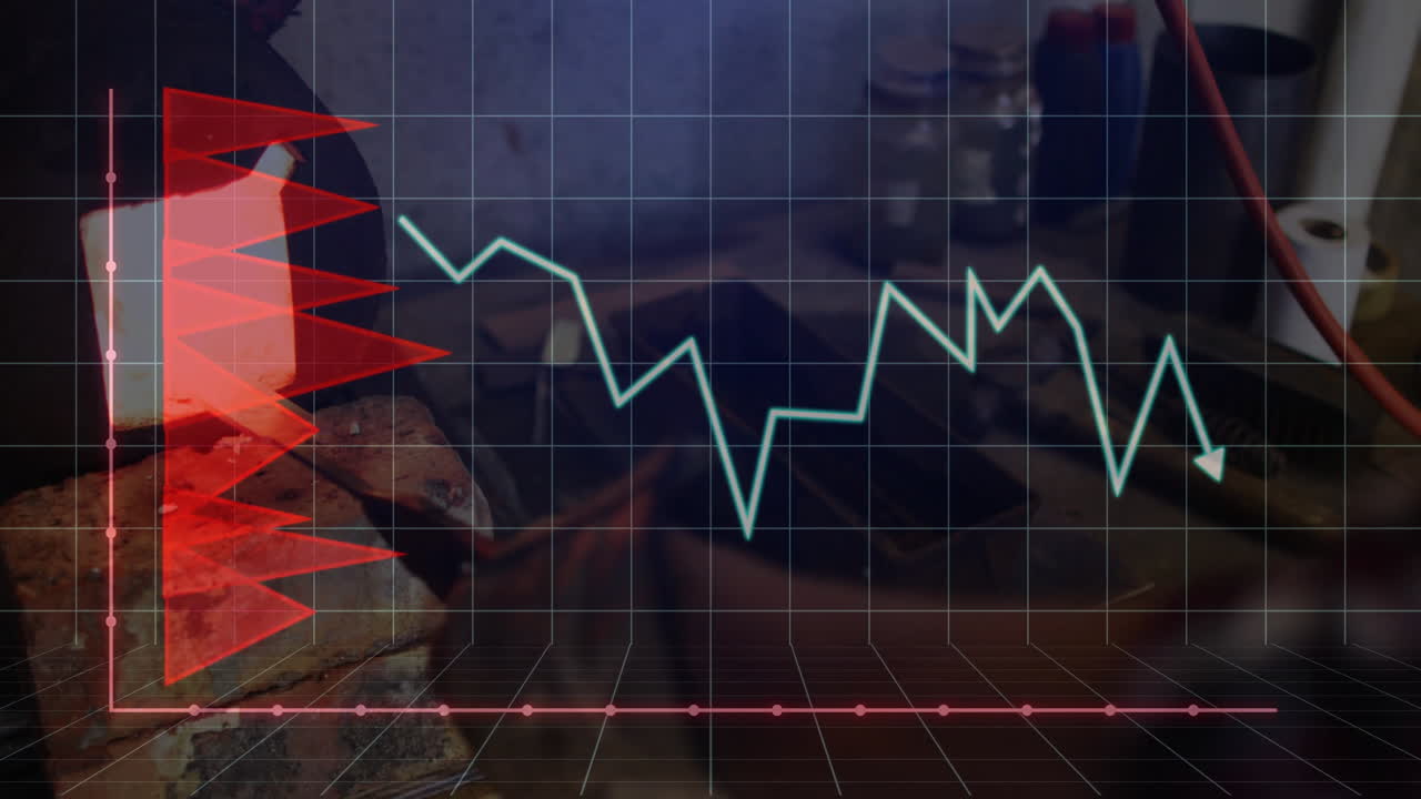 Data visualization overlaying workshop grid, mixing finance line graph and bar chart with metalwork