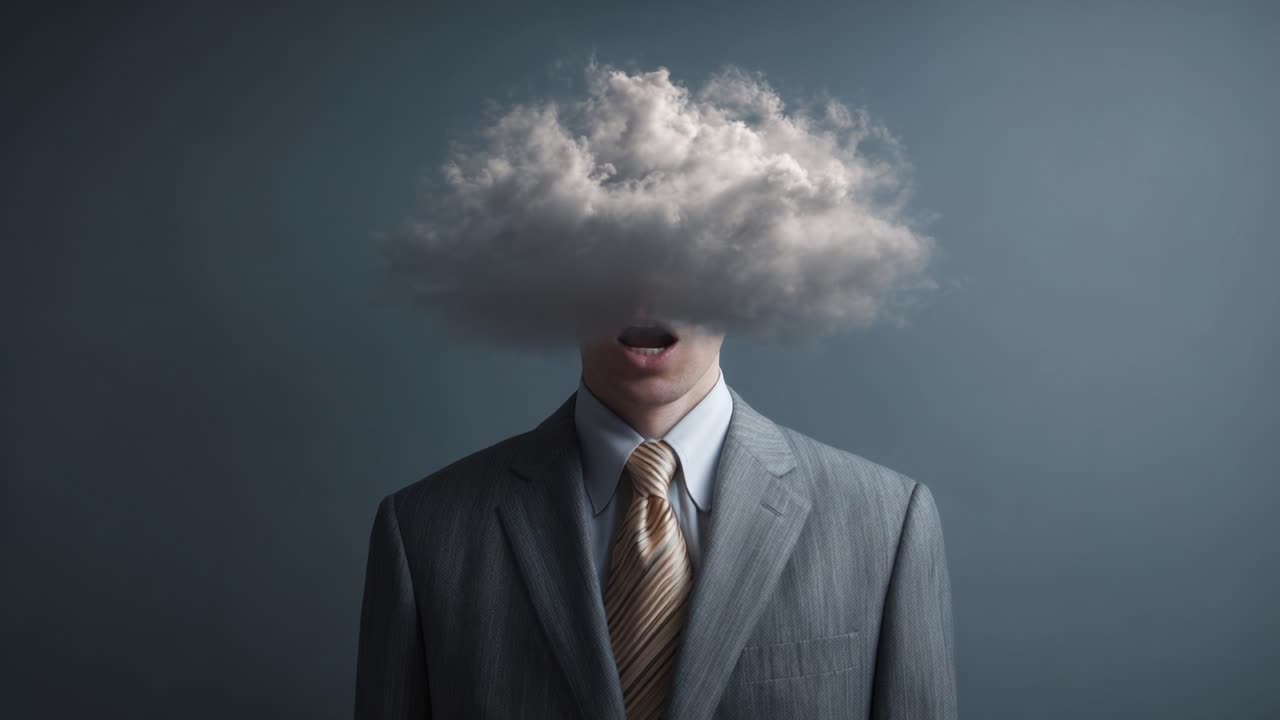 A Thoughtful Representation of Cloudy Ideas: A Suit-Clad Individual with a Cloudy Head Symbolizing Confusion and Abstract Thinking in a Creative Perspective