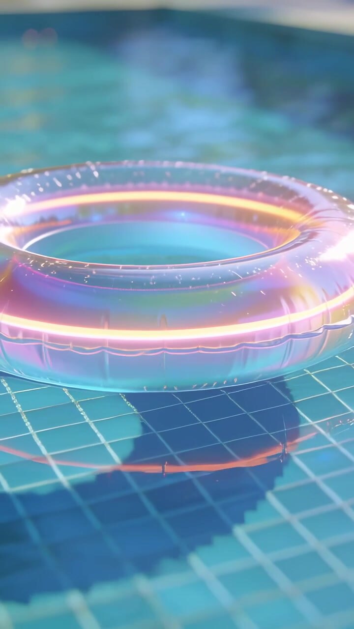 Vertical video: Bobbing iridescent ring rotating clockwise in pool, sunlight creating ripples