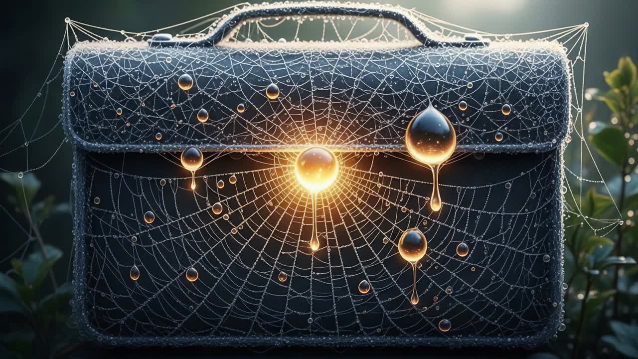 A Mysterious Briefcase Enveloped in Dewy Spiderwebs with Luminous Droplets Creating an Enchanting Morning Scene in Nature