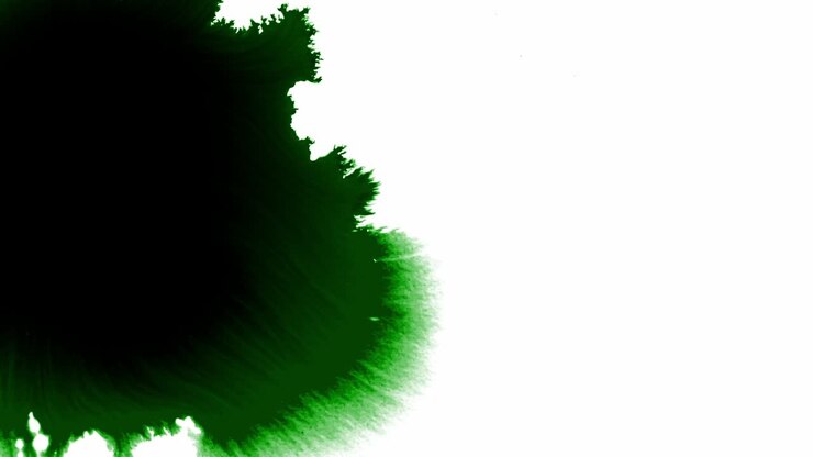 Schizzi e macchie di inchiostro verde che si diffondono su sfondo bianco