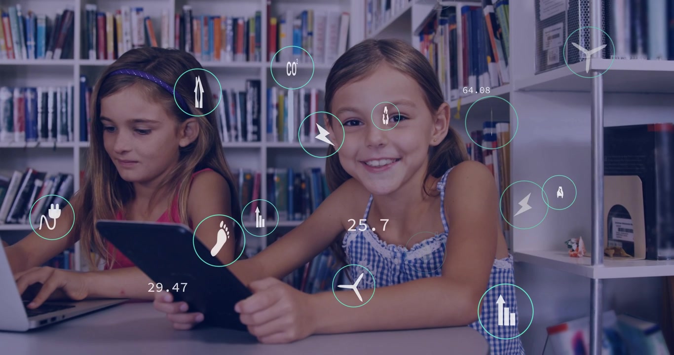 Young Students Using Digital Devices with Environmental Data Overlays in Library