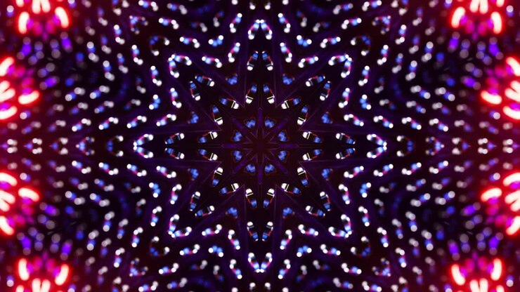 Design muito colorido e intrincado com muitas luzes. Loop VJ Caleidoscópico