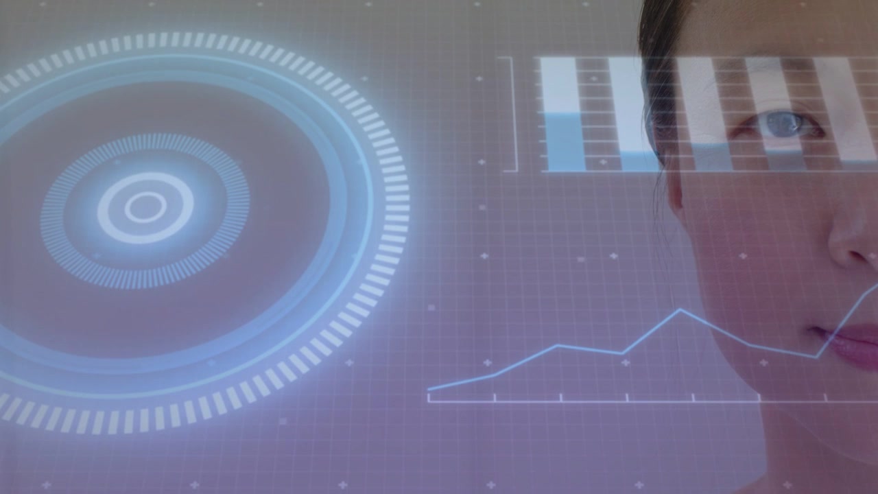 Woman holding steady gaze in tech demo while holo circle appearing, animating graphs showing trends