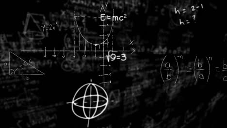Digital-animation-of-mathematical-equations-and-formula-floating-against-black-background