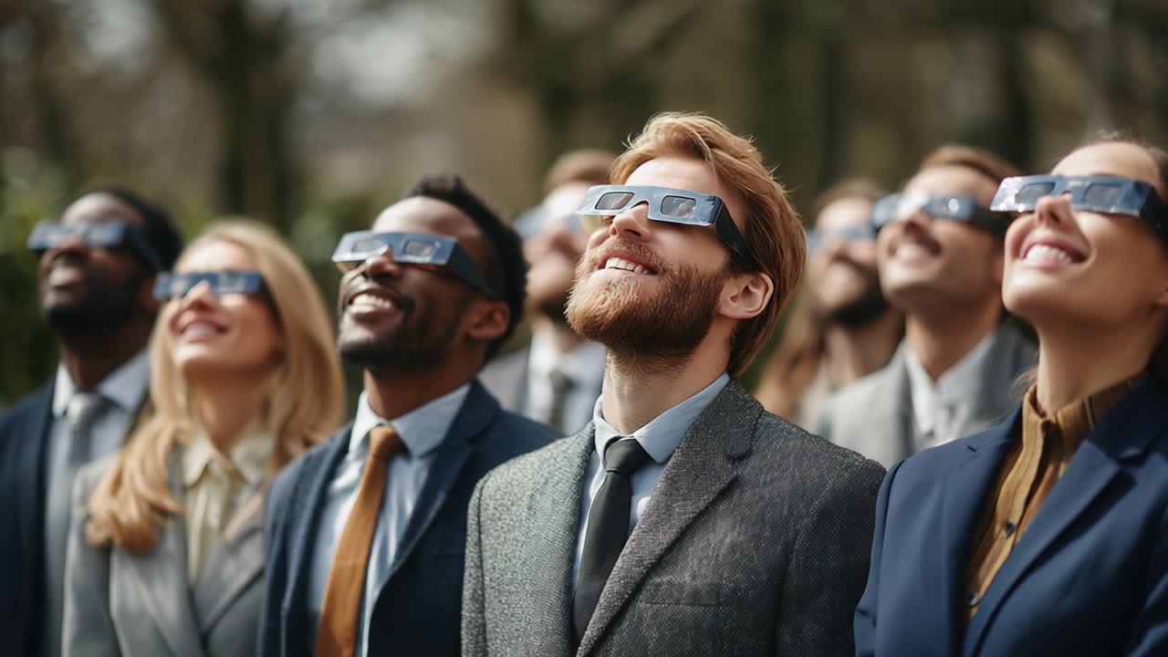 Group of Diverse Professionals Enjoying an Outdoor Event While Wearing Protective Glasses, All Gazing Upwards with Joyful Expressions During a Celestial Phenomenon