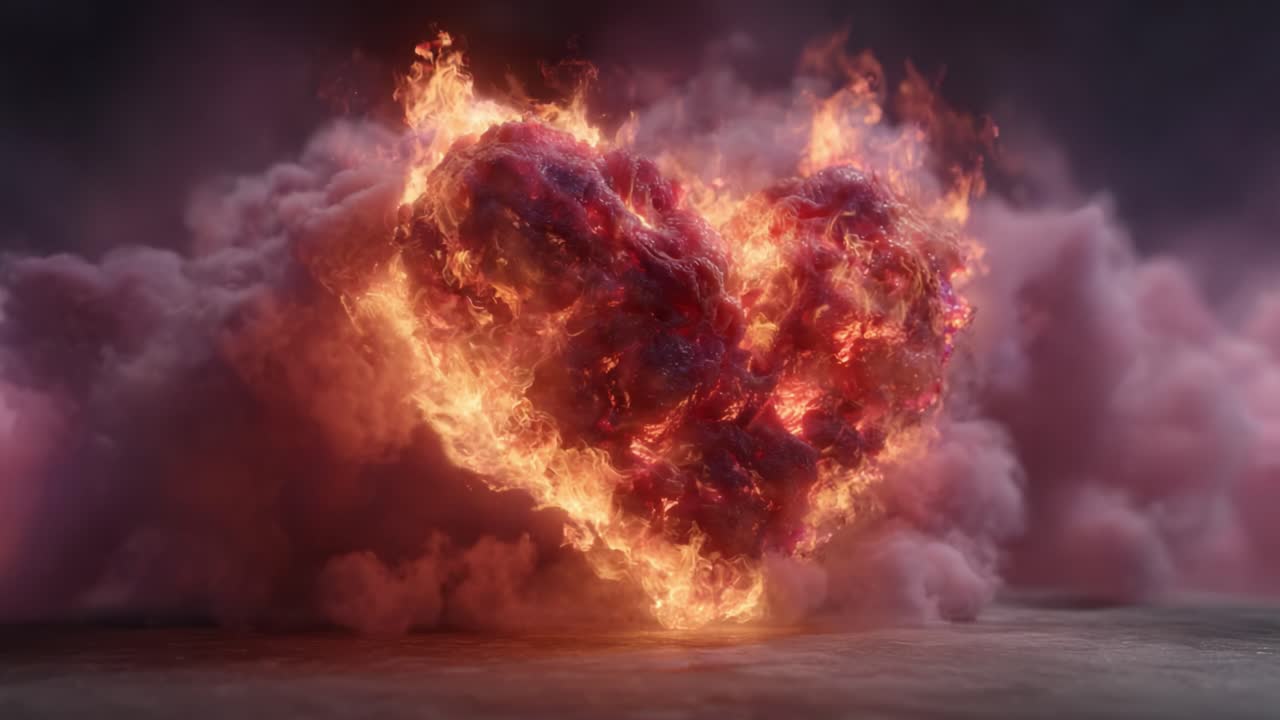 A Fiery Heart Emerges from the Clouds, Symbolizing Intense Emotions and Passionate Love, Wrapped in Vibrant Flames and Mystical Hues, Capturing the Essence of Desire and Connection