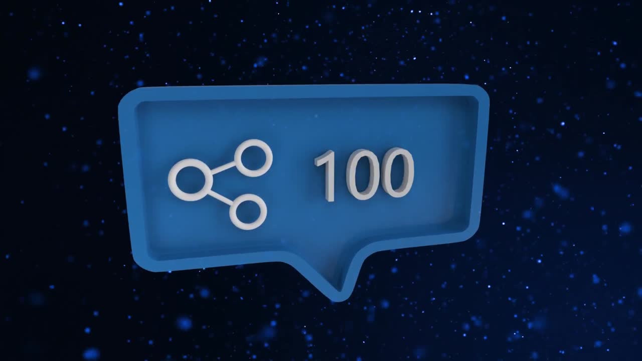 파란색 스피치 버블의 애니메이션 배경의 파란색 반점 위에 공유 번호가 있습니다.