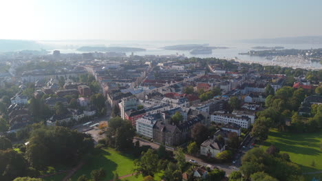 aerial tracking shot from above frogner park toward oslofjord and the centre