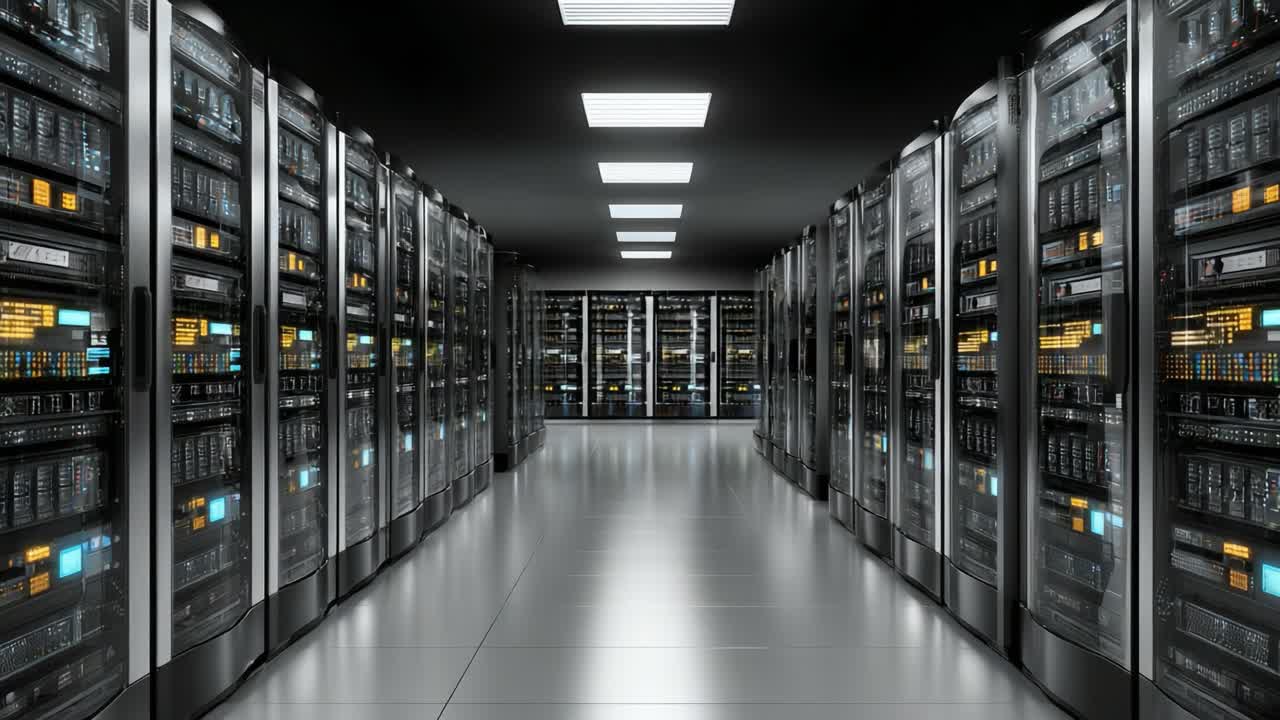 A Comprehensive Overview of a High-Tech Data Center Filled with Advanced Server Racks and Network Equipment, Illuminated by Bright Overhead Lights