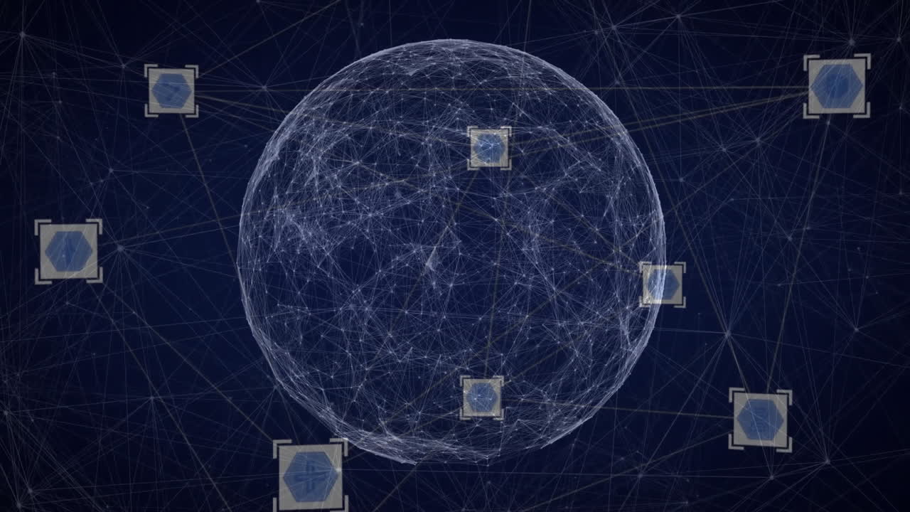 Digital network being animated in scene, with translucent network sphere and glowing blue hex icons