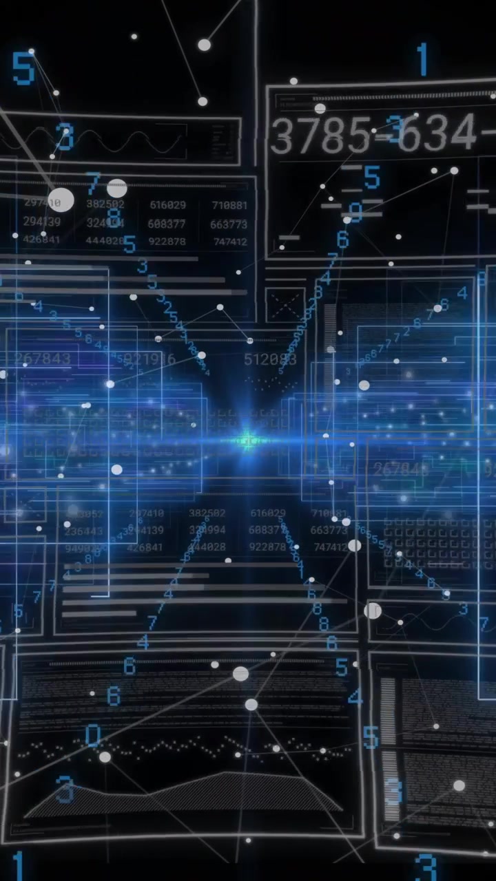 Vertical video: Pulsing blue core sending bands, data tunnel updating digits shifting showing data