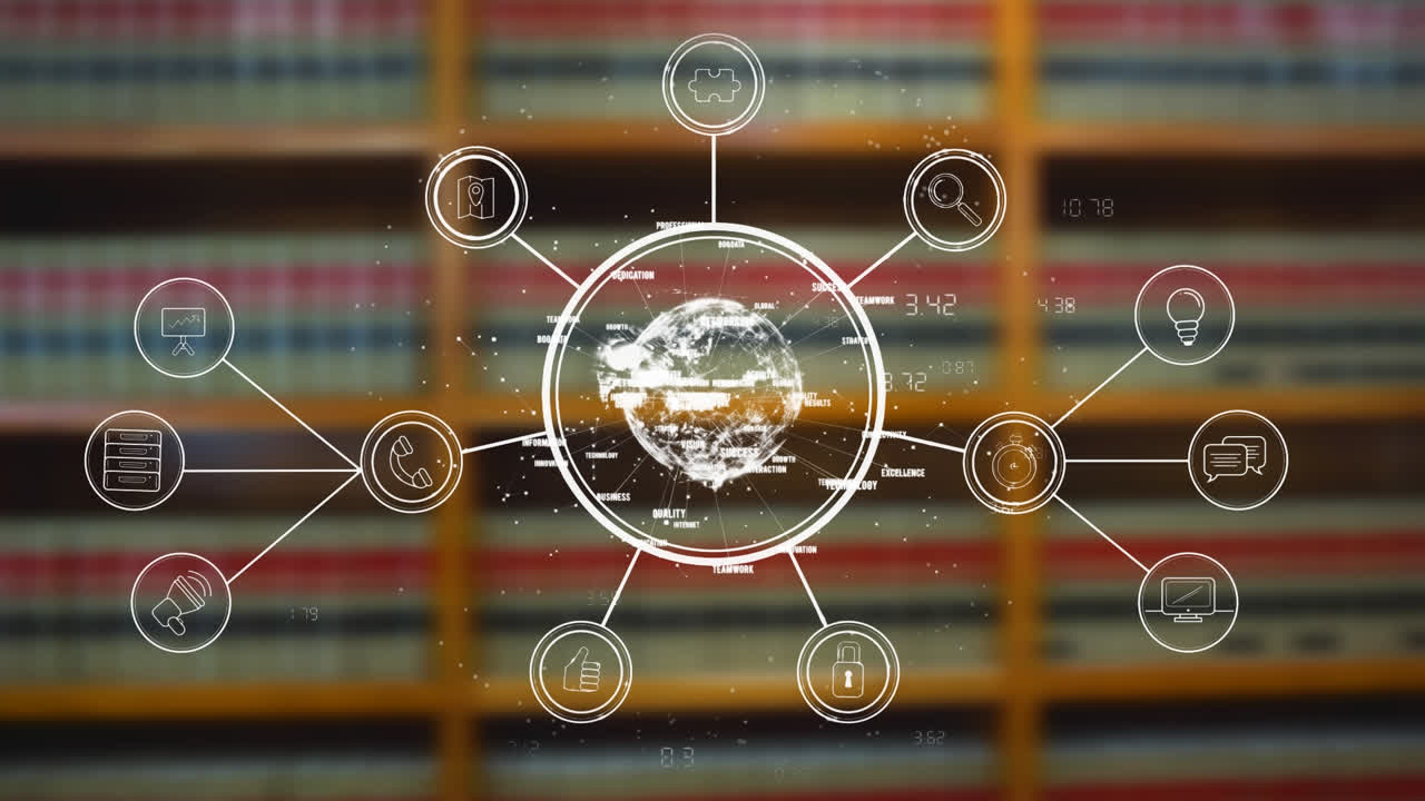 주변의 아이콘과 함께 회전하는 지구의 애니메이션