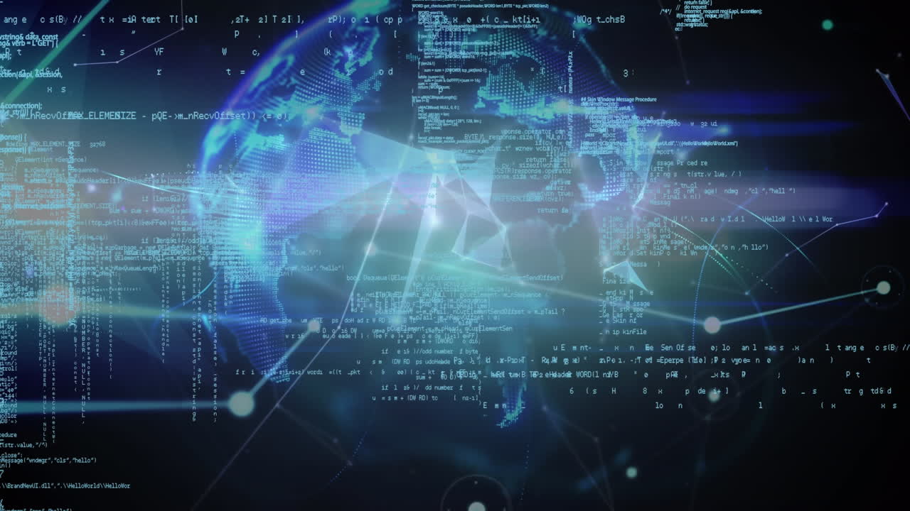 Animation of data processing, globe and network of connections