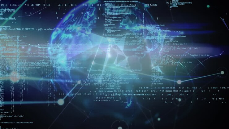 Animation of data processing, globe and network of connections