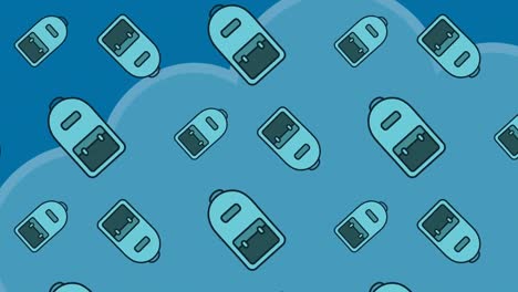 animation of backpack icons over clouds on blue background