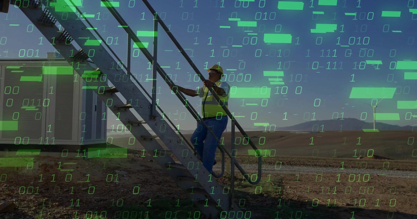 Field technician stepping up stairs, digital overlay growing around building for energy inspection