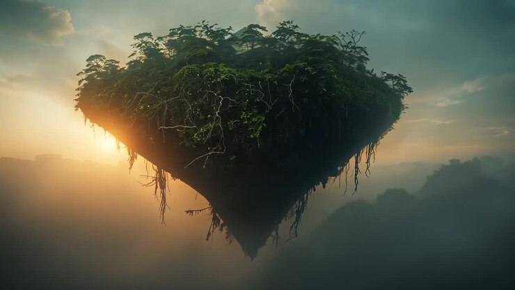 Rotating inverted-cone floating island revealing grassy plateau at dawn as sun rises with vines