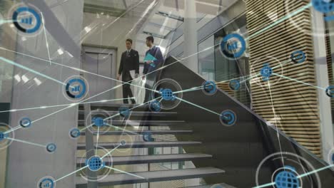 animation of network of connections with icons over diverse business people
