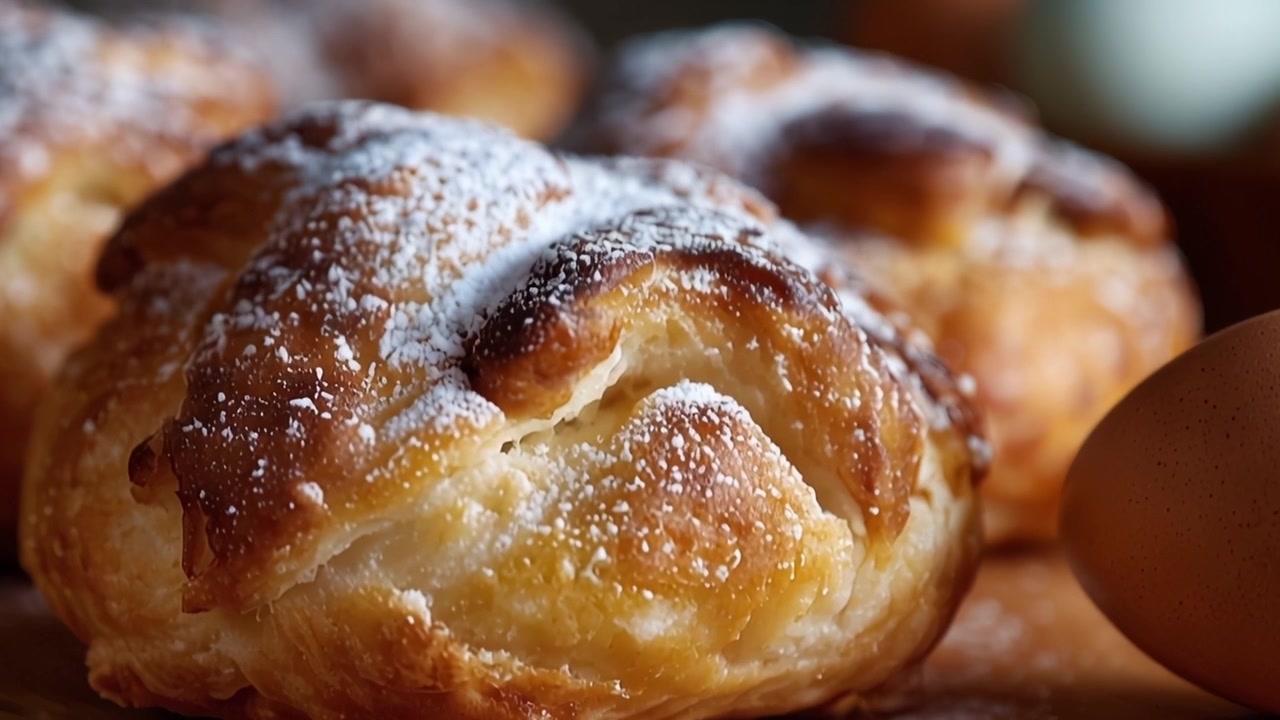 Deliziosi dolci spolverati di zucchero a velo e uova fresche