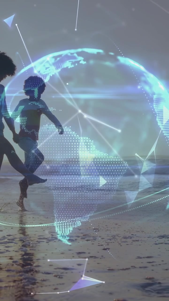 Vertical video: Mom and boy walking beach nodes forming dotted globe around them showing tech links