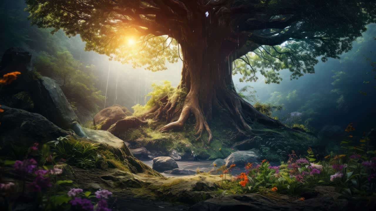 A mystical forest scene with a massive tree, captured from a low angle