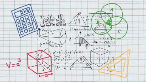 animación de dibujos coloridos sobre ecuaciones matemáticas en el cuaderno escolar