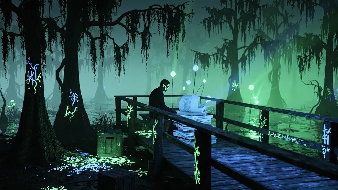 Un Incontro Misterioso in una Palude Nebbiosa: Una Figura Contempla Tra Fogliame Bioluminescente e Ombre su un Ponte di Legno di Notte.