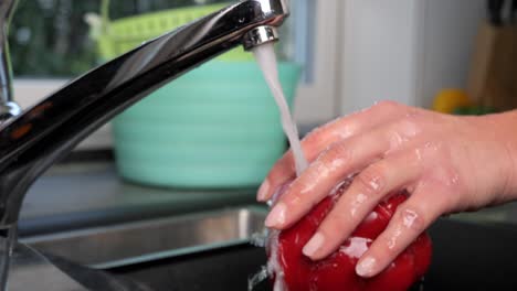 Static-slow-motion-shot-of-washing-a-delicious-red-bell-pepper-before-cooking-in-the-kitchen-under-running-water-with-a-woman-hand