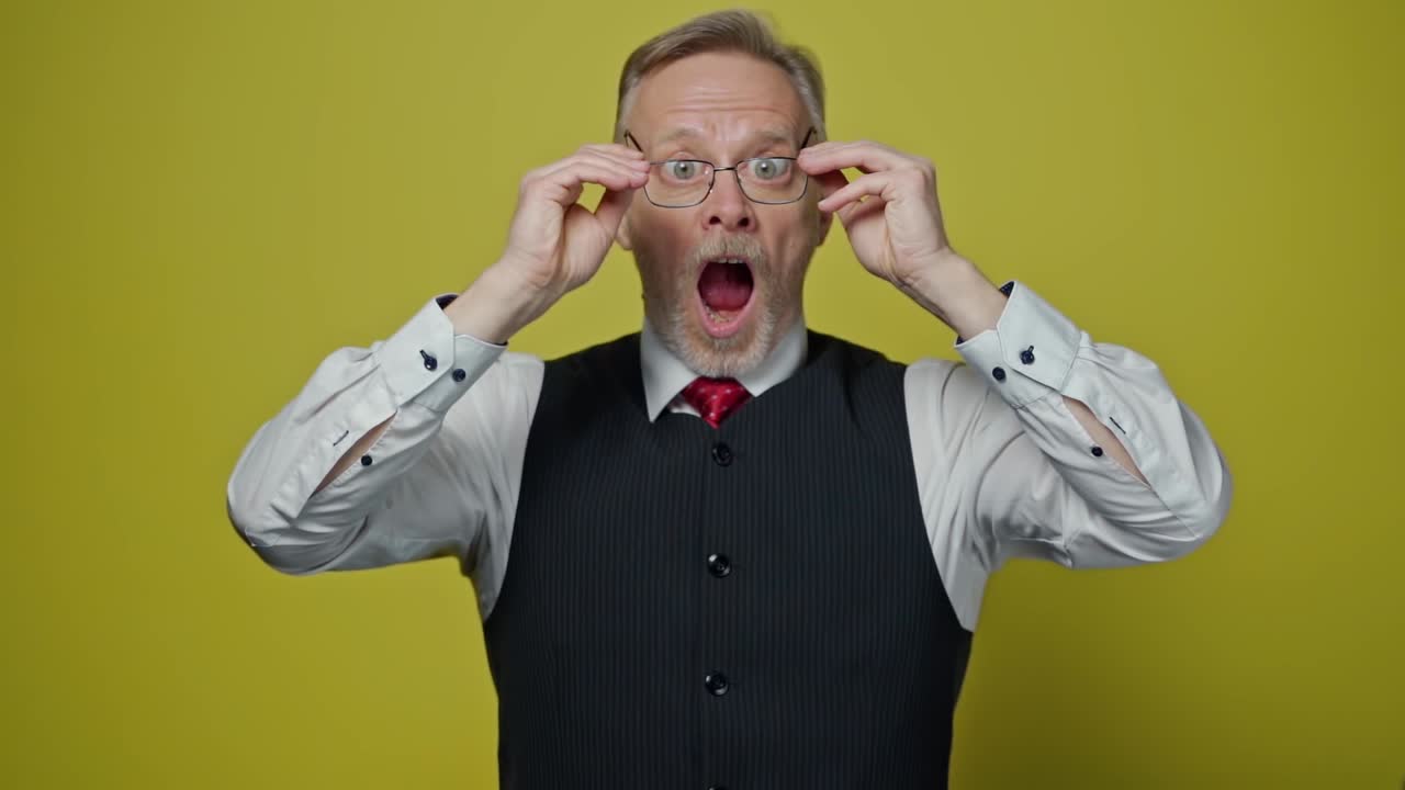 Funny mature man with glasses. Surprised male in elegant clothing putting on glasses. Terrified grandfather with opened mouth looking through his glasses. Slow motion.