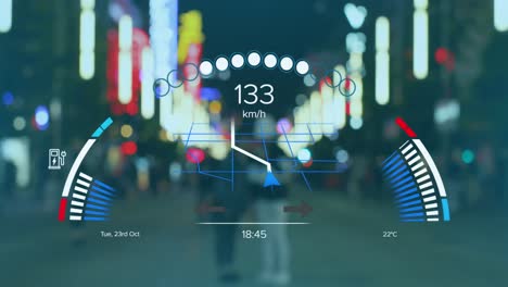 Animation-of-electric-car-speedometer-data-processing-over-city