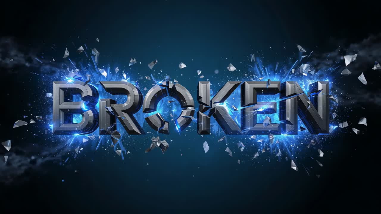 Cracking 3D metallic BROKEN title fragmenting in dark void, pulsing blue core driving shards
