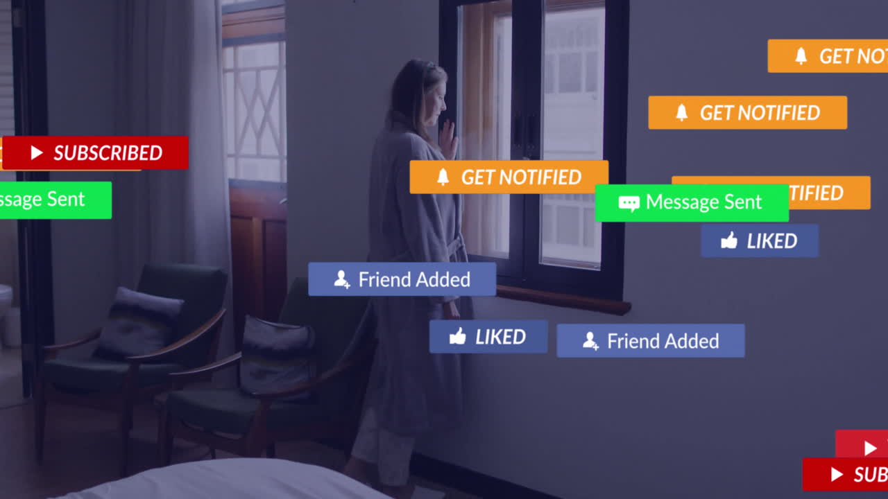 Woman standing by window with social media notifications overlay animation