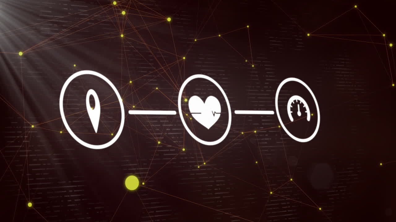 Animation of navigation, health, and speed icons over digital network background