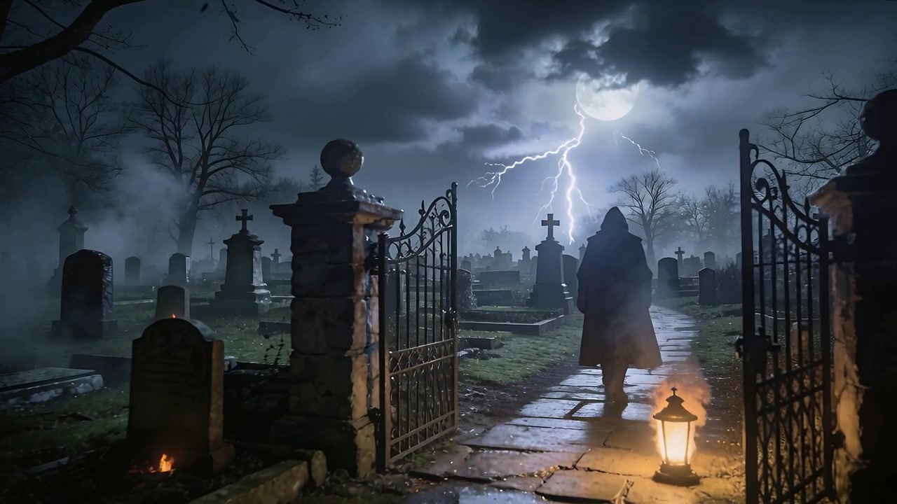 Figura incappucciata e ammantata che cammina ed entra nel cimitero attraverso un cancello aperto con una lanterna, mentre i fulmini lampeggiano.
