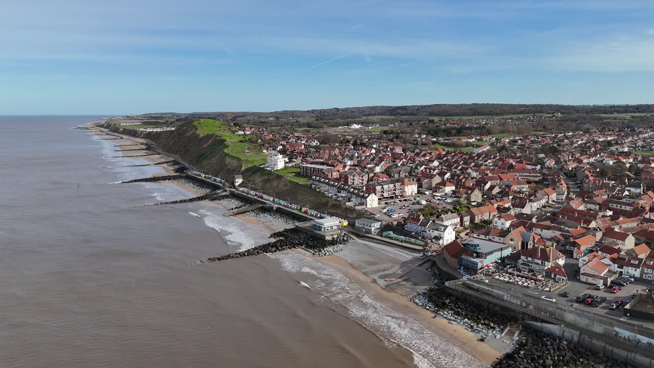 Sheringham beach and town Norfolk UK seaside town drone,aerial
