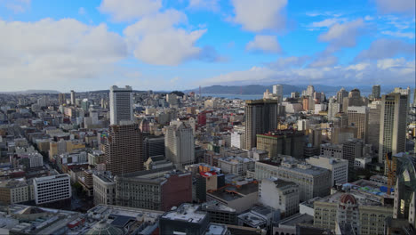 aerial of san francisco union square neighbourhood under clear sky with golden gate bridge in background, california, usa