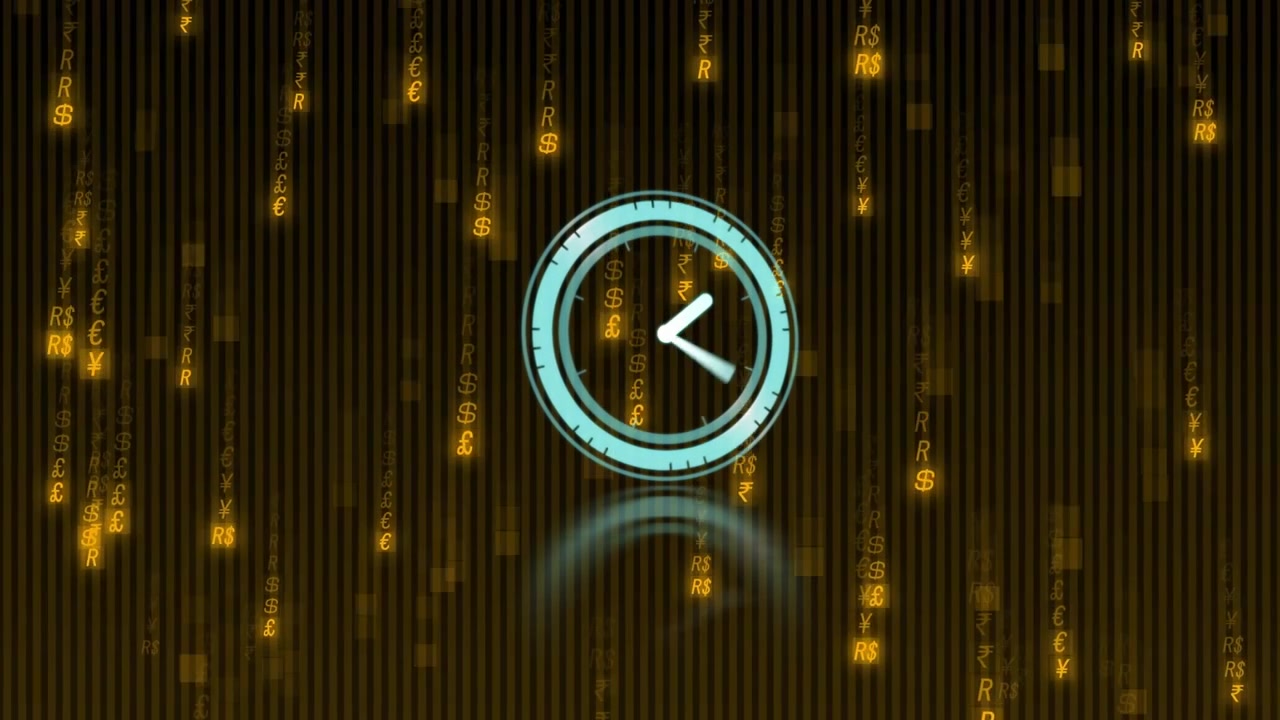 Stylized cyan clock appearing causing arc progressing, hands advancing and cash drifting in finance