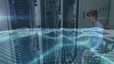 animazione del terreno fatta di numeri su donna caucasica che lavora nella sala server