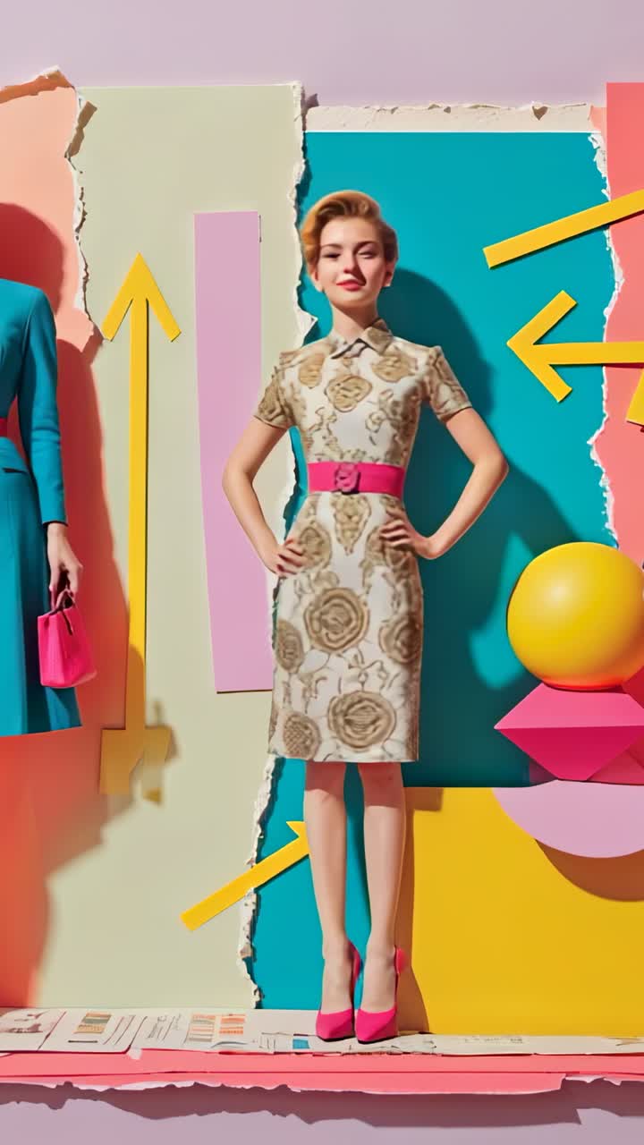 Vertical video: Entering frame model posing in studio showing heels waist height with yellow arrows