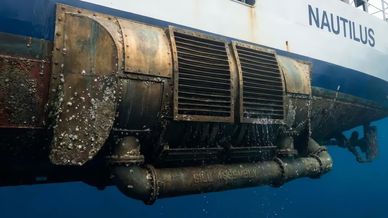 Underwater view of a boat with water flowing from its vents